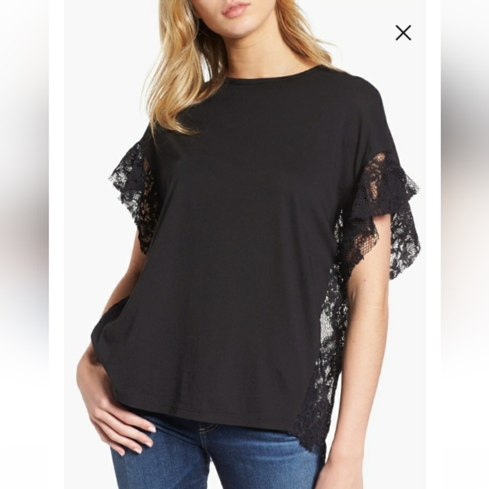 New AG Adriano Goldschmied Sofi Lace Tee in Black (S)